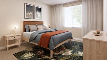 a bedroom with a bed and a rug